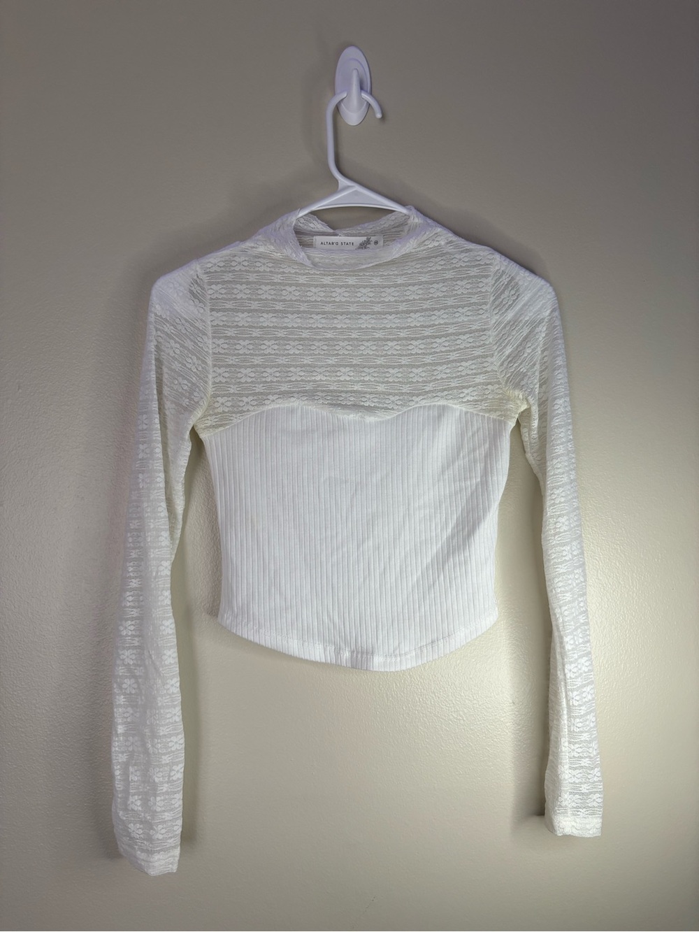 Altar'd State Ivory Lace & Ribbed Long Sleeve Top